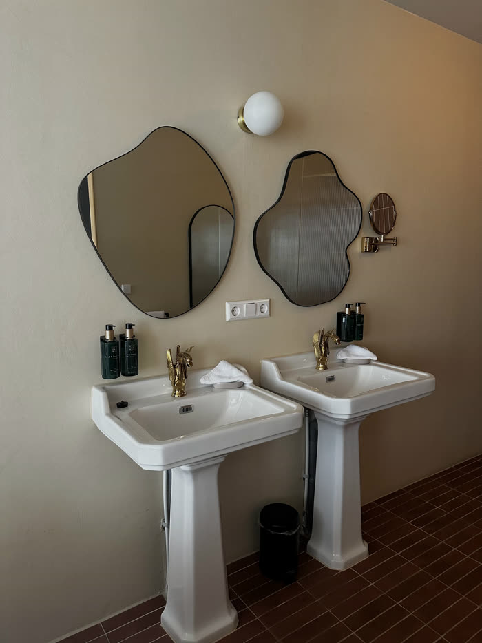 Two organically shaped mirrors above matching basins